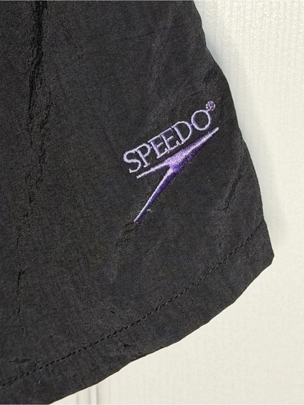Vintage 90s Retro Speedo Black Swim Trunks with Purple Logo Accent
